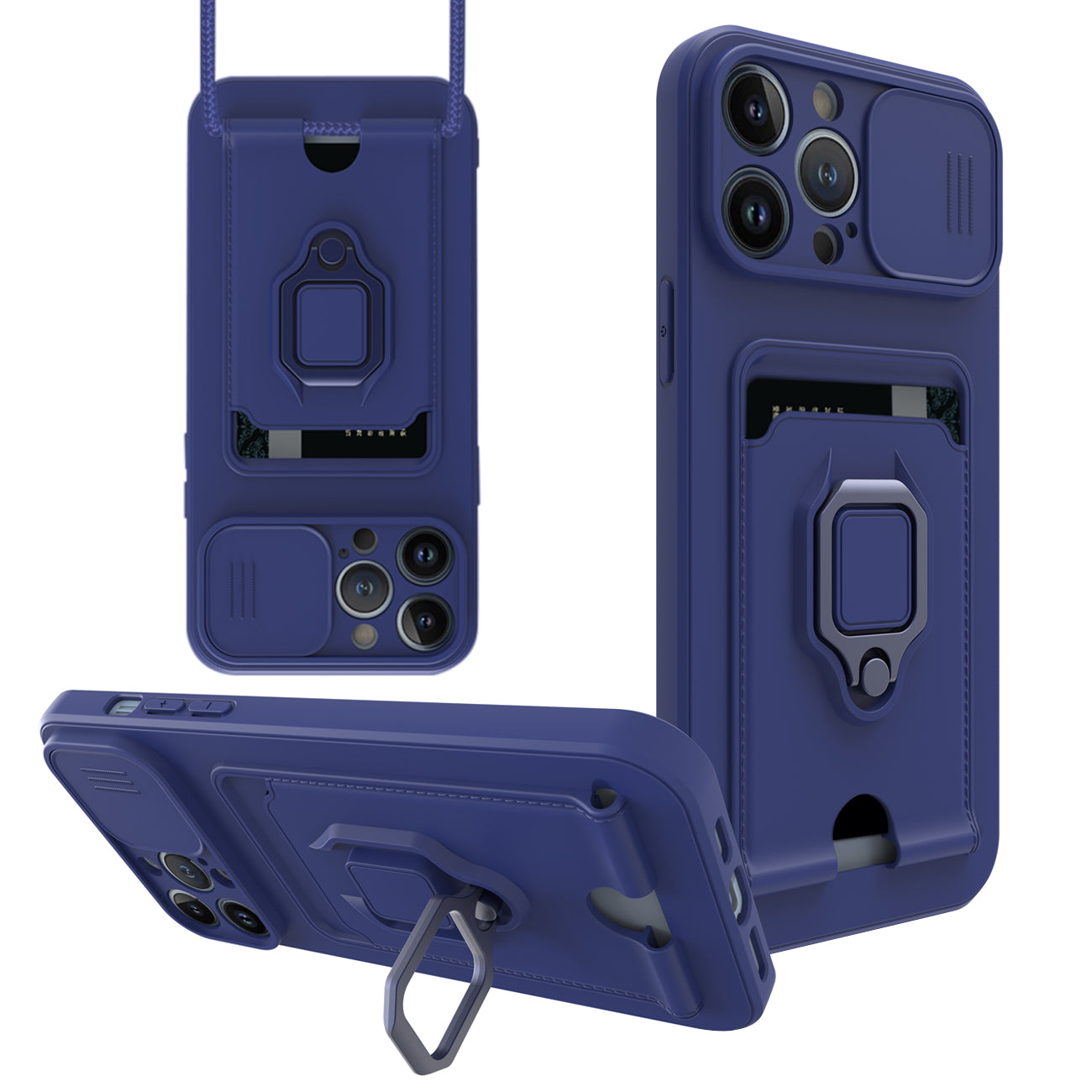 High Quality iPhone 12 Max Case with Camera cover, Kickstand, Slide lens protection, Magnetic ring stand, Crossbody strap and Card holder In Navy